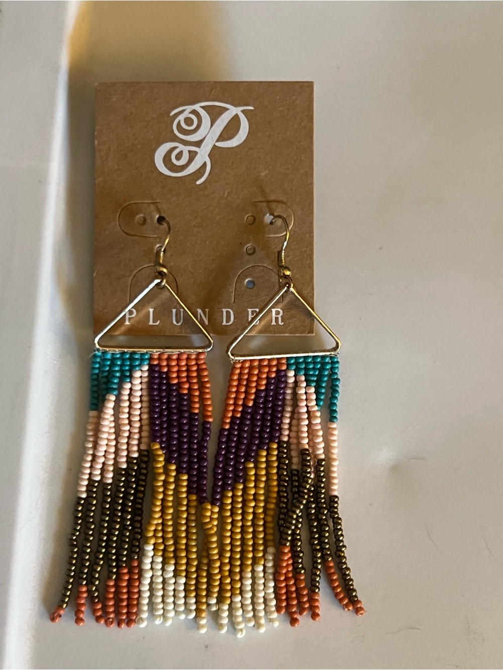 Plunder Colorful Beaded Fringe Triangle Earrings - Teal, Purple, Gold, Pink